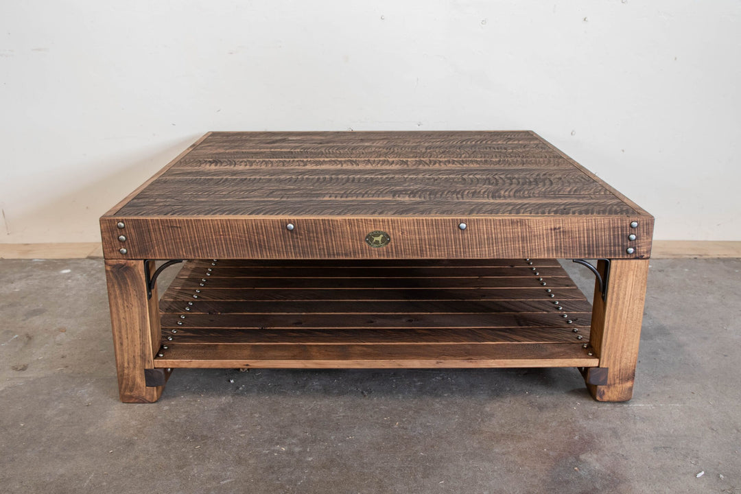 Square High Country coffee table with shelf in Antique Brown macrocarpa