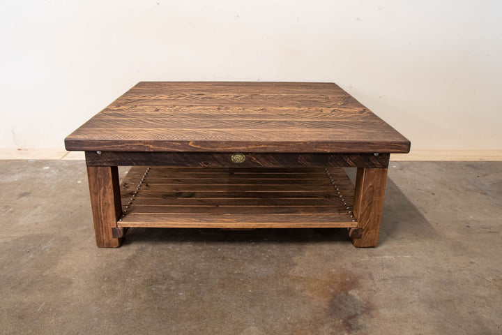 Square Pioneer coffee table in Antique Brown macrocarpa