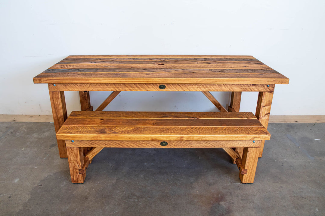 2m Pioneer outdoor table with 1.5m form in Honey macrocarpa