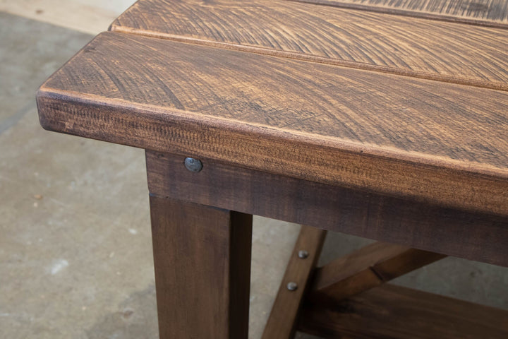 Close-up of the Pioneer table corner in Antique Brown macrocarpa