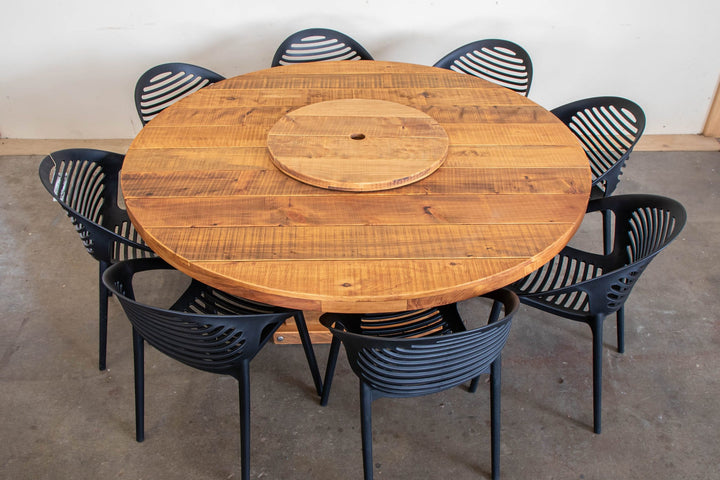 1.8m round Woolpress table in Honey macrocarpa