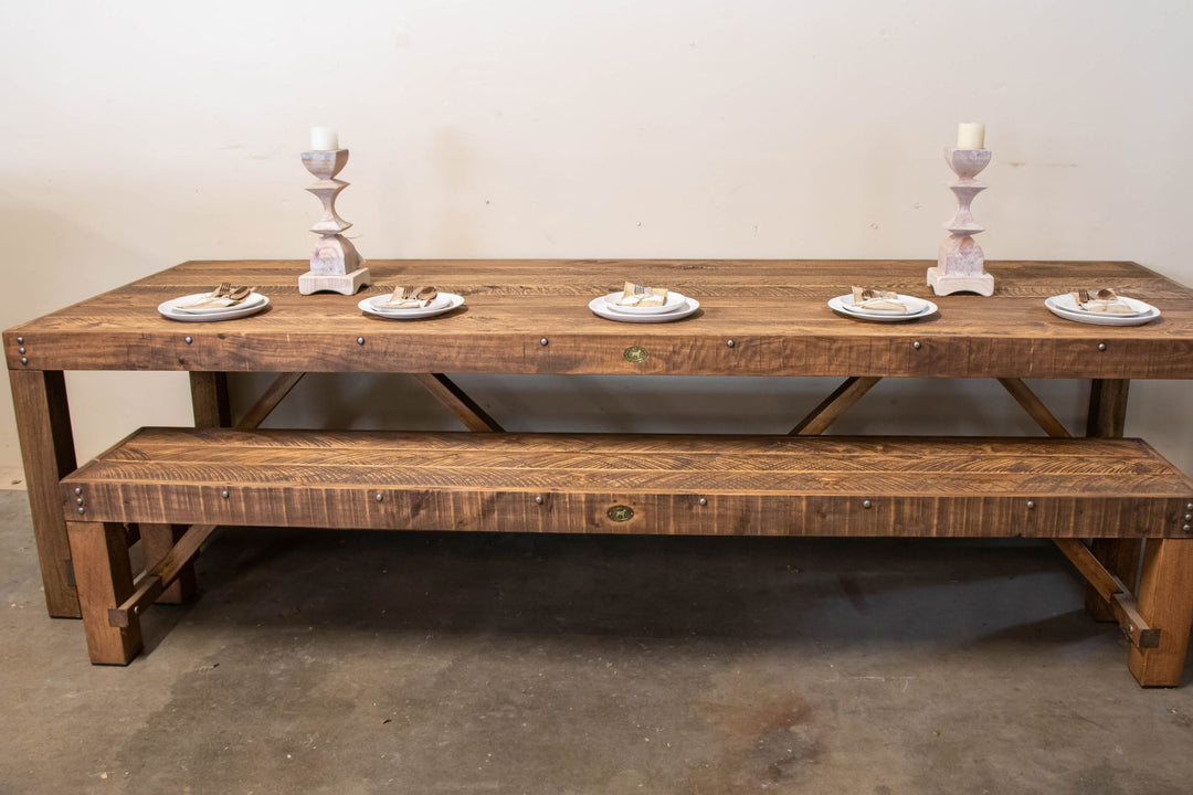 3m High Country outdoor table with form in Antique Brown macrocarpa