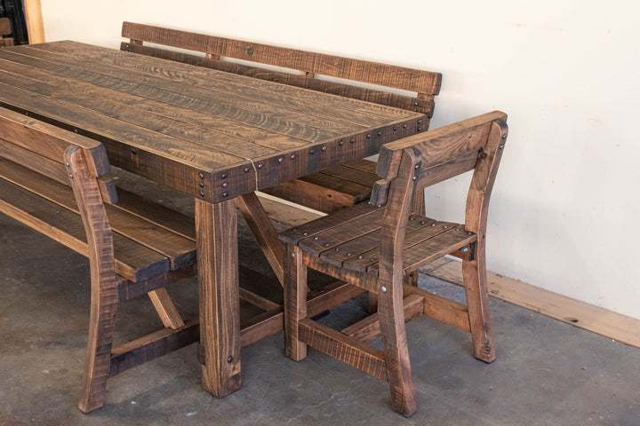 High Country outdoor table with pew chairs in Antique Brown