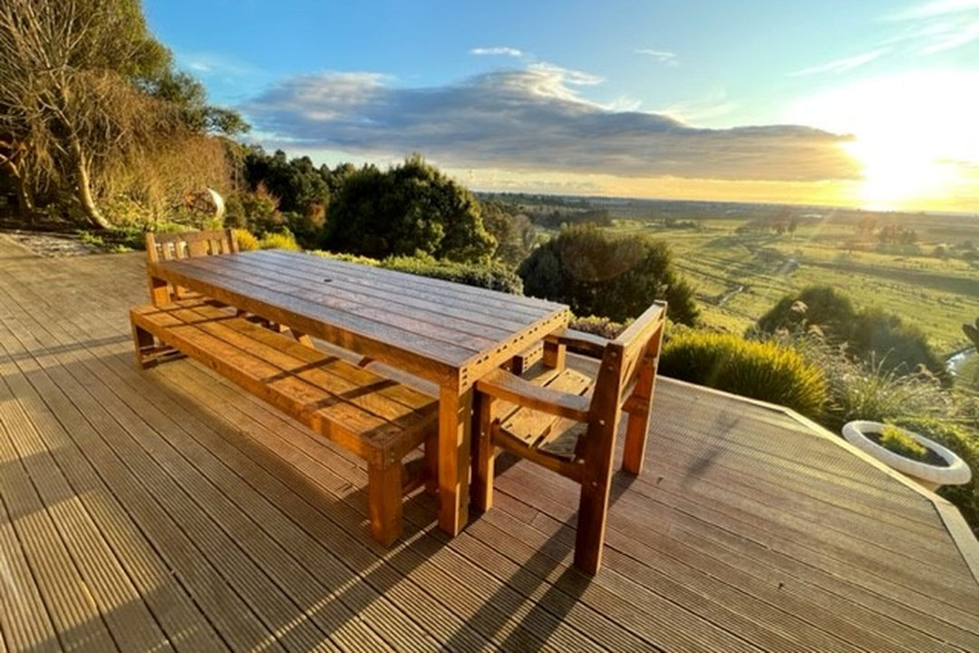 3m High Country outdoor table in Antique Brown macrocarpa