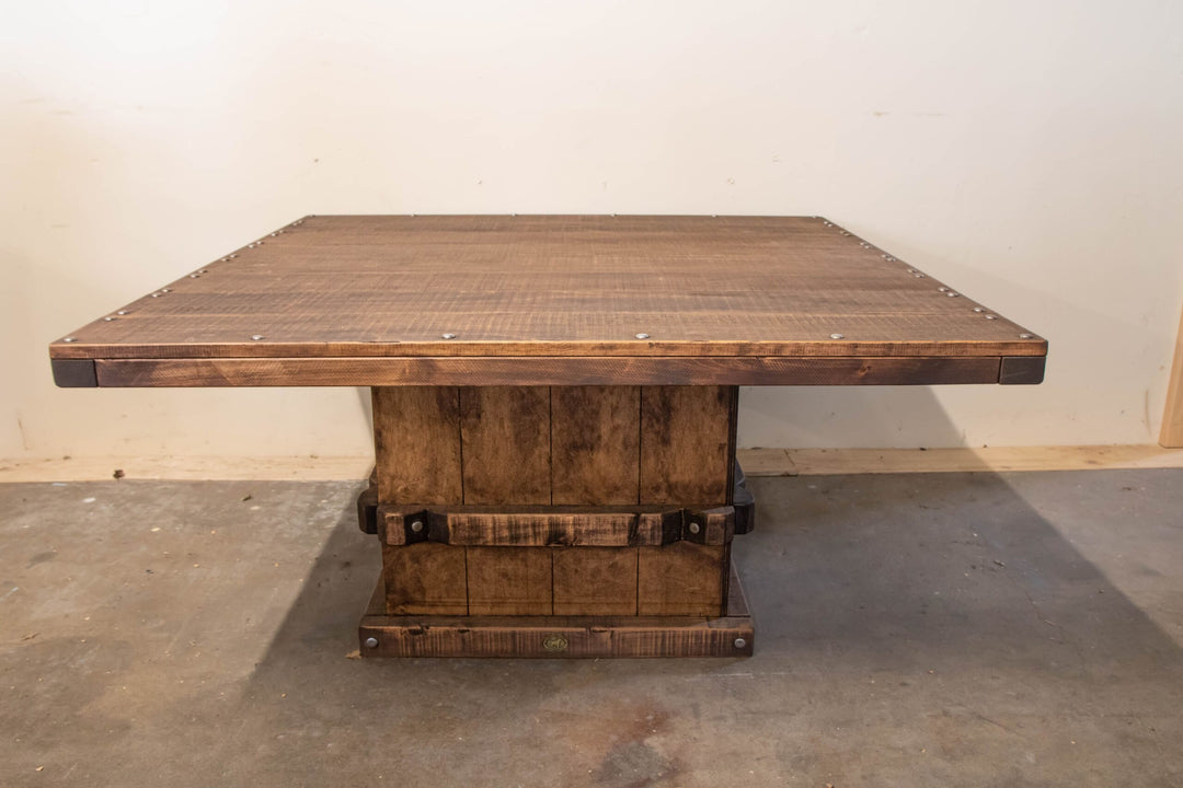 1.5m square Woolpress table in Antique Brown macrocarpa