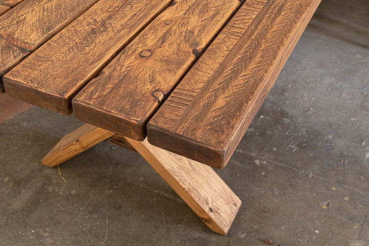 Close-up of the X-Leg table timber and joinery