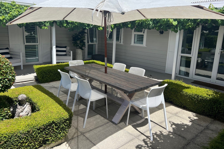 2m X-Leg table with grey top and white legs